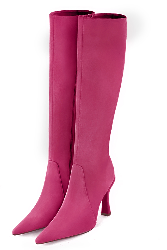 Fuschia pink women's feminine knee-high boots. Pointed toe. Very high spool heels. Made to measure. Front view - Florence KOOIJMAN